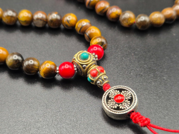 Tigerauge Mala-Gebetskette mit Schmuckelementen | 108+1 Perlen | ca. 8mm